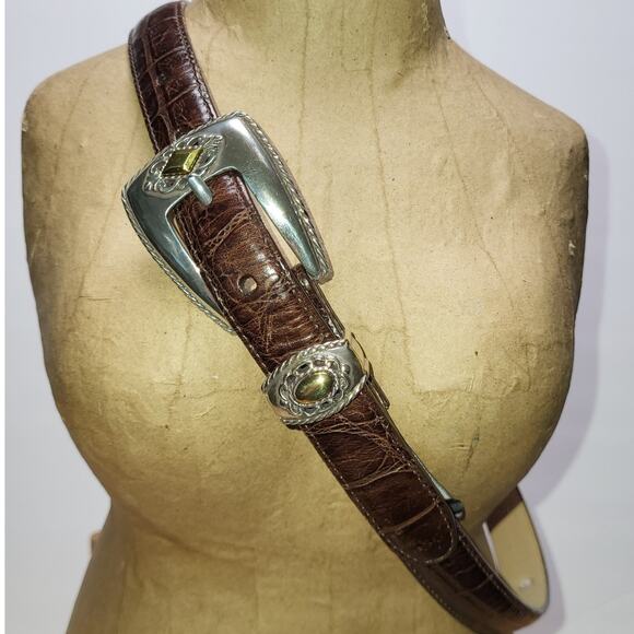 Brighton Two Tone Buckle & Medalion Studded Gator Print Leather Belt Size Sm/28 - Picture 1 of 8